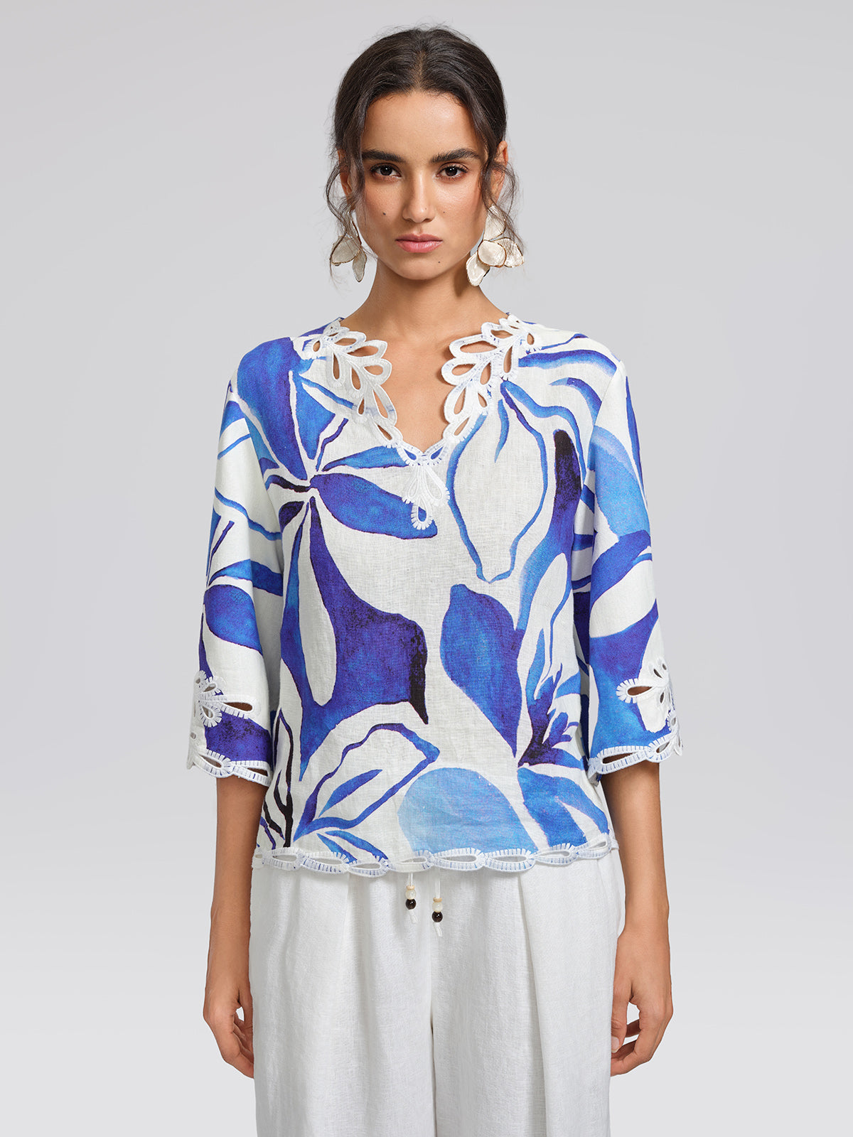 100% Linen Hand-Drawn Resort Print Embroidered Top