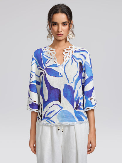 100% Linen Hand-Drawn Resort Print Embroidered Top