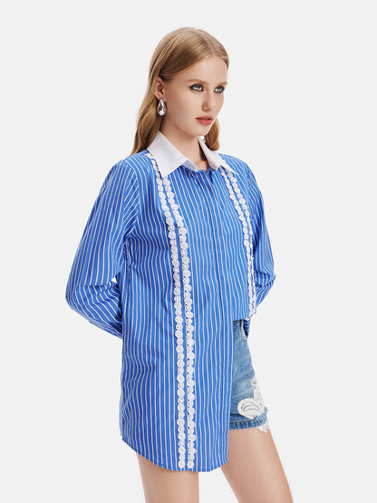 Pima Cotton Lace Trim Striped Shirt