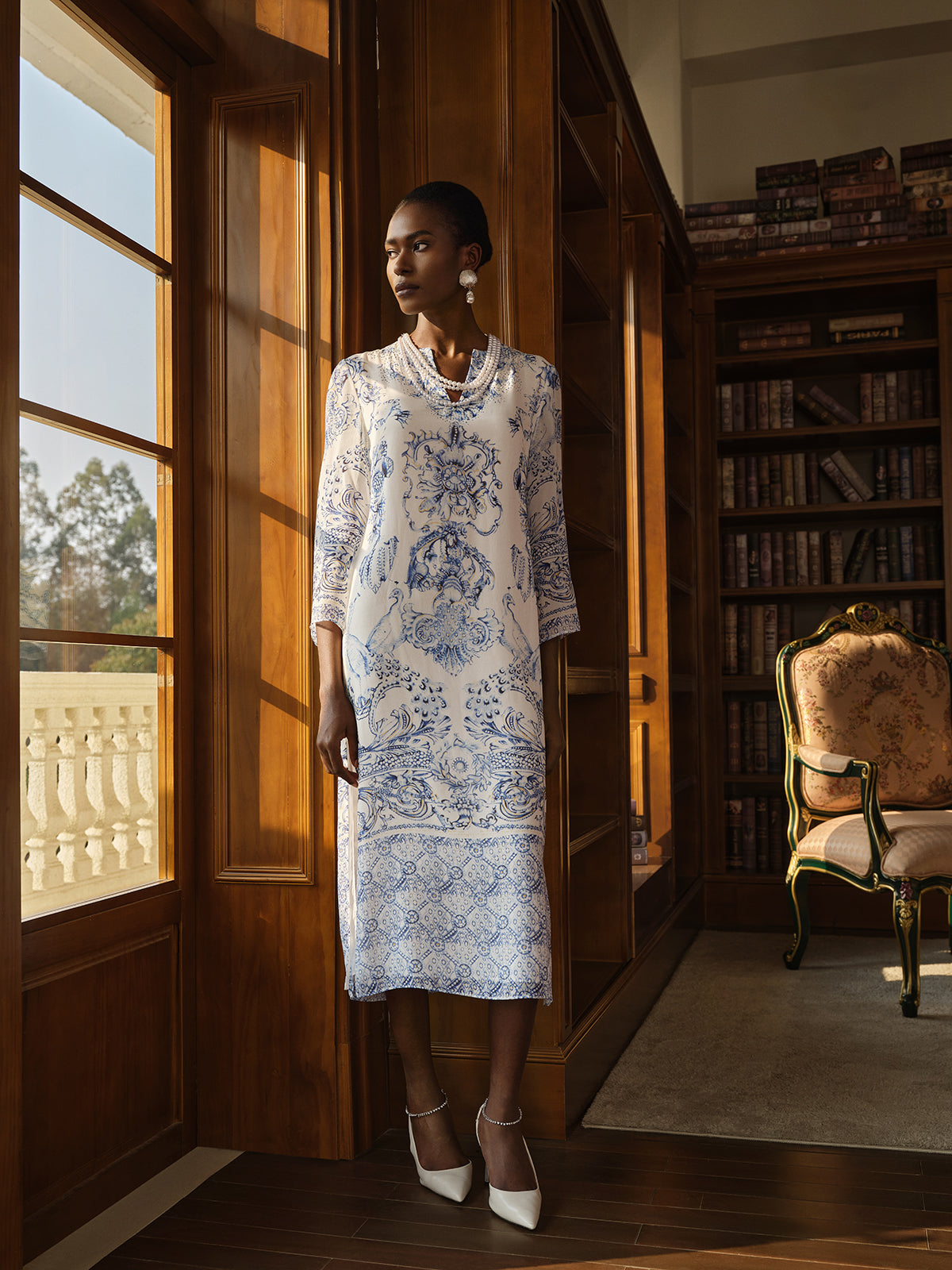 Silk Italian Floral Printed V-Neckline Dress