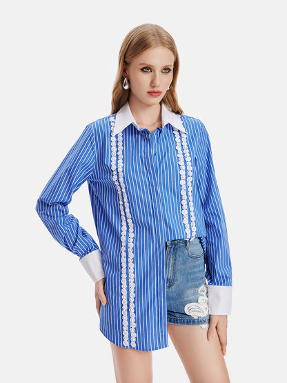 Pima Cotton Lace Trim Striped Shirt