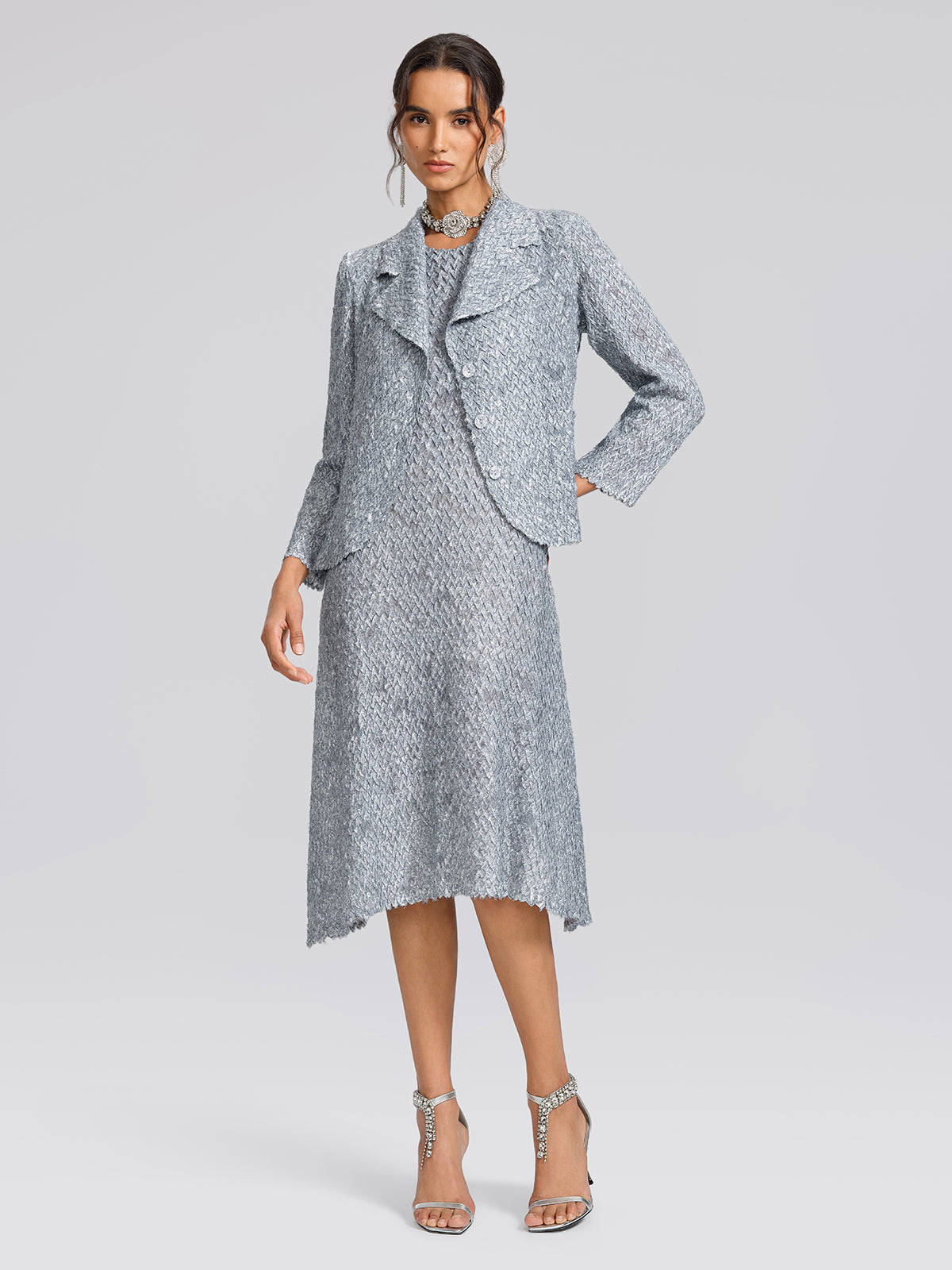 Textured Pleated Lapel Blazer Dress Set