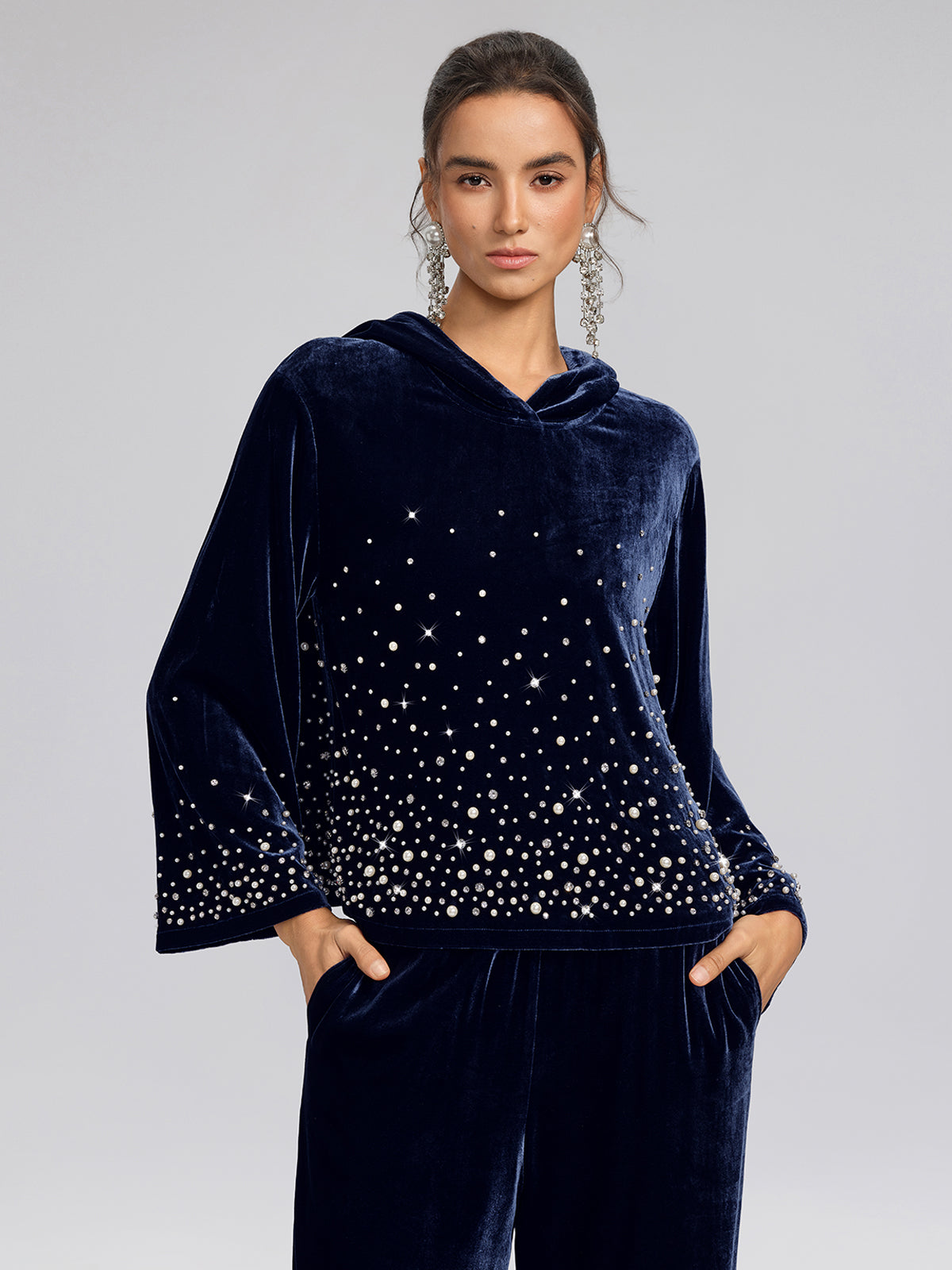 Silk Velvet Beaded Hooded Sweatshirt