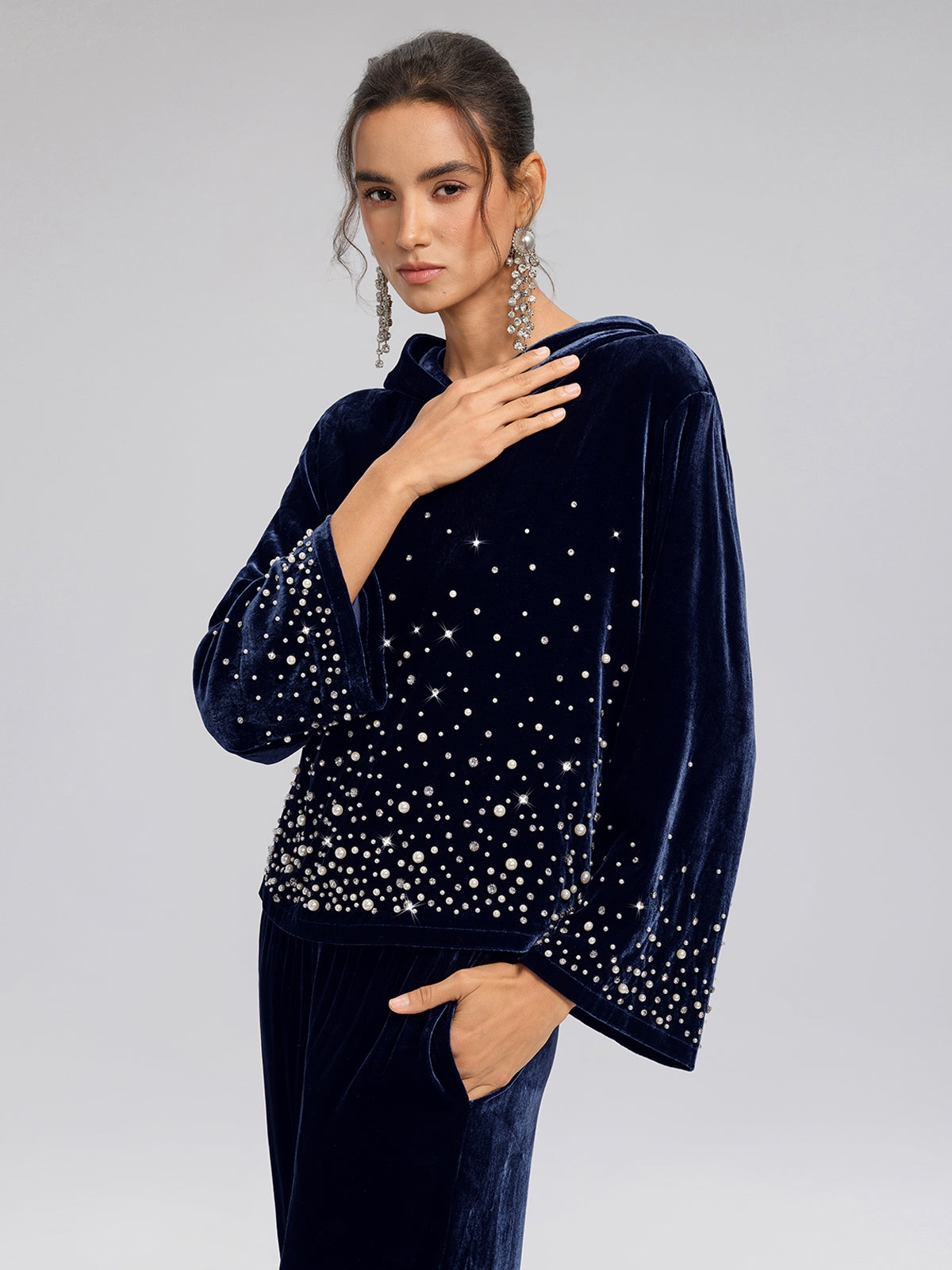 Silk Velvet Beaded Hooded Sweatshirt