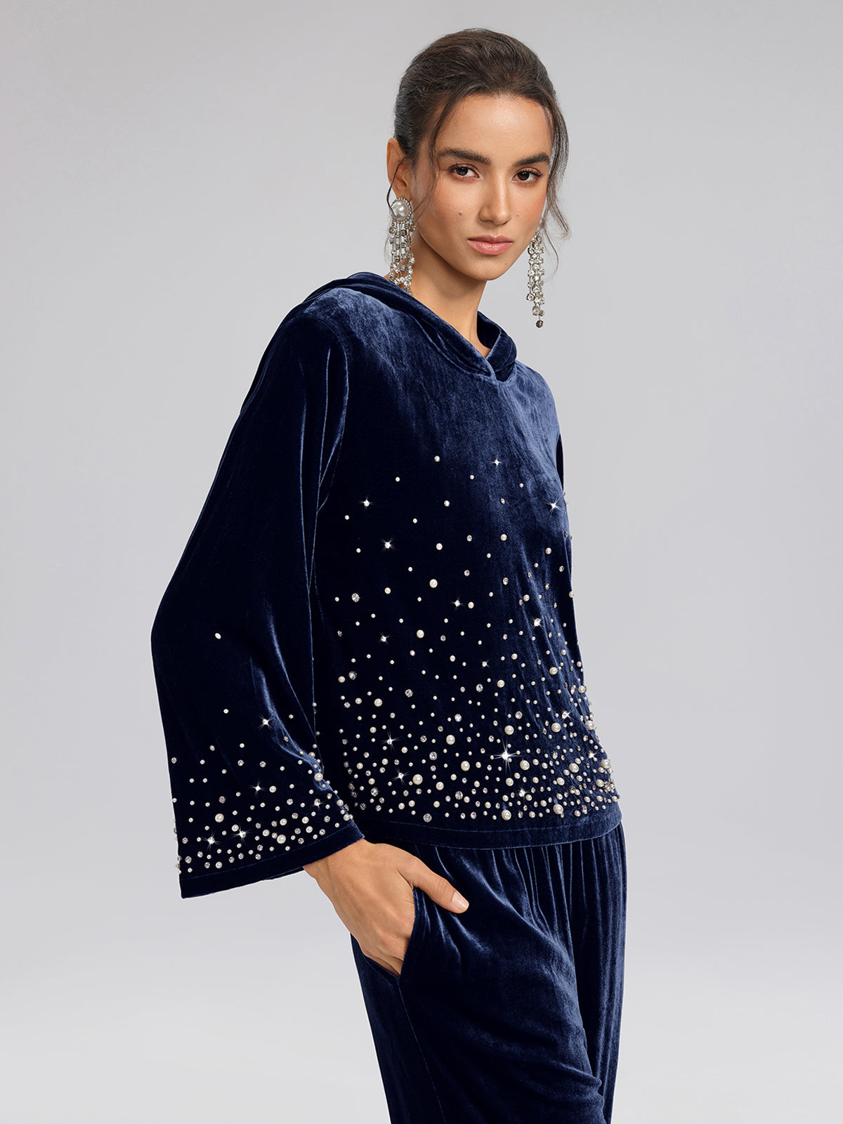 Silk Velvet Beaded Hooded Sweatshirt