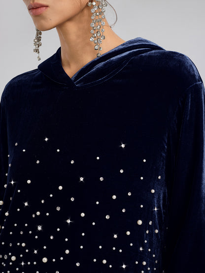 Silk Velvet Beaded Hooded Sweatshirt