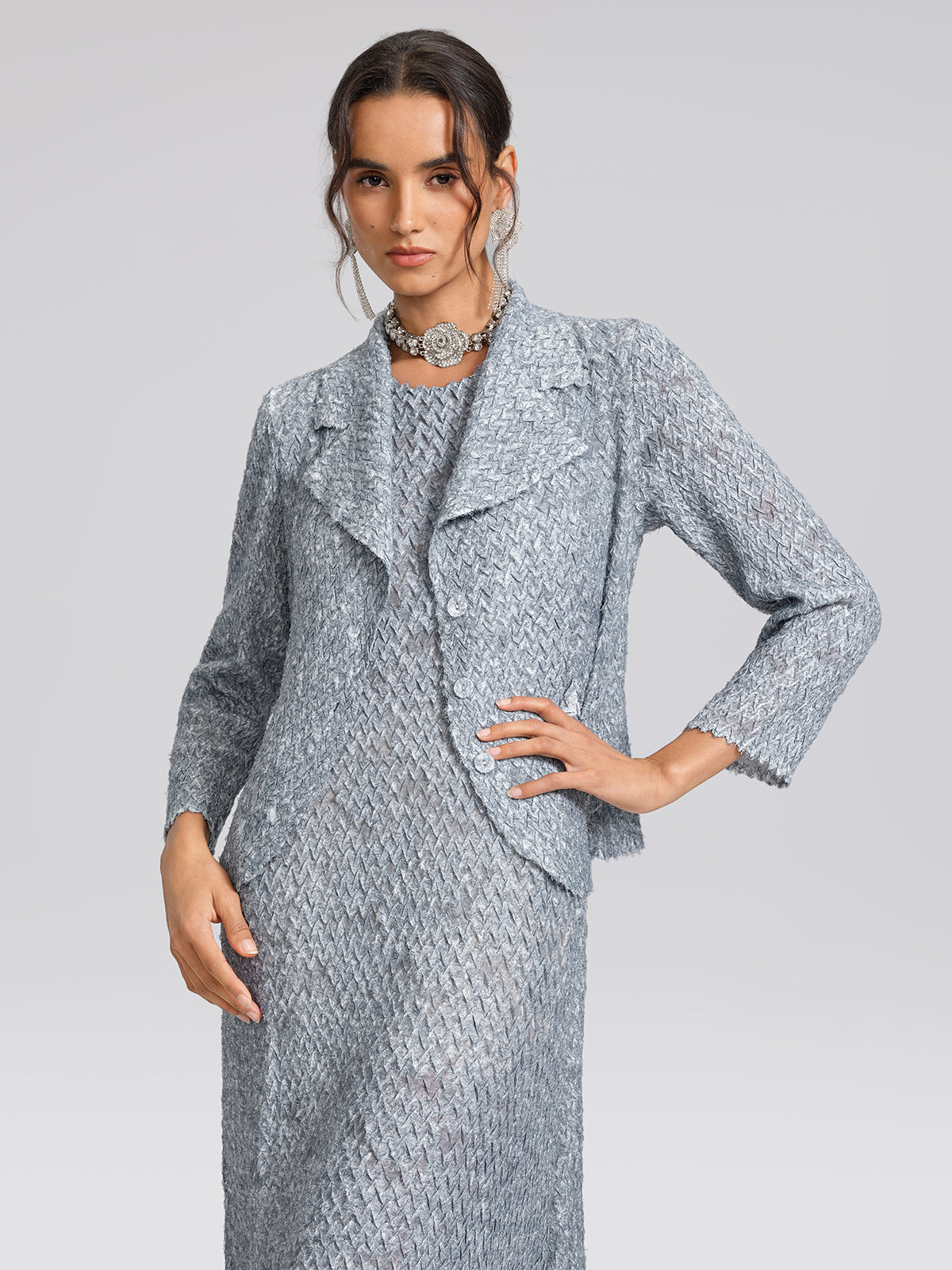 Textured Pleated Lapel Blazer Dress Set