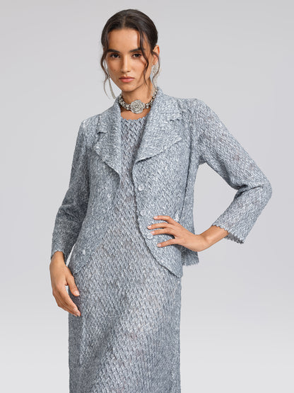 Textured Pleated Lapel Blazer Dress Set