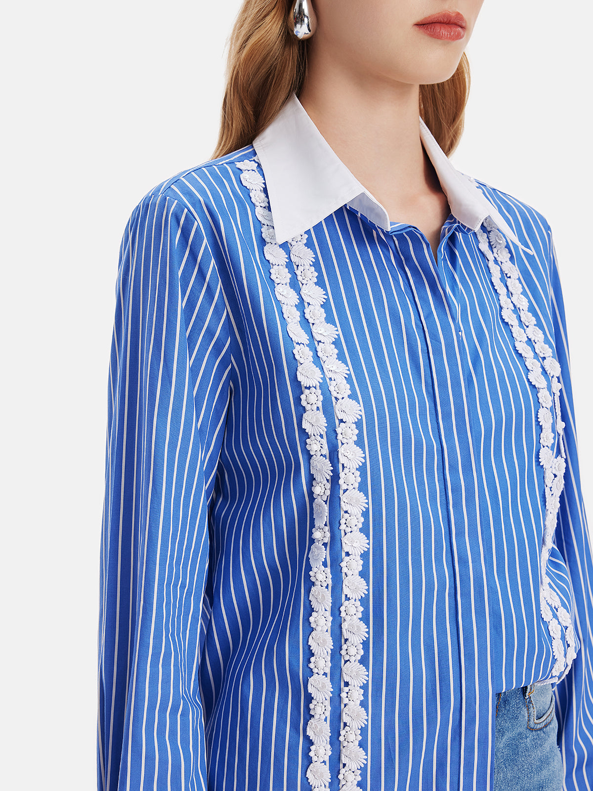 Pima Cotton Lace Trim Striped Shirt