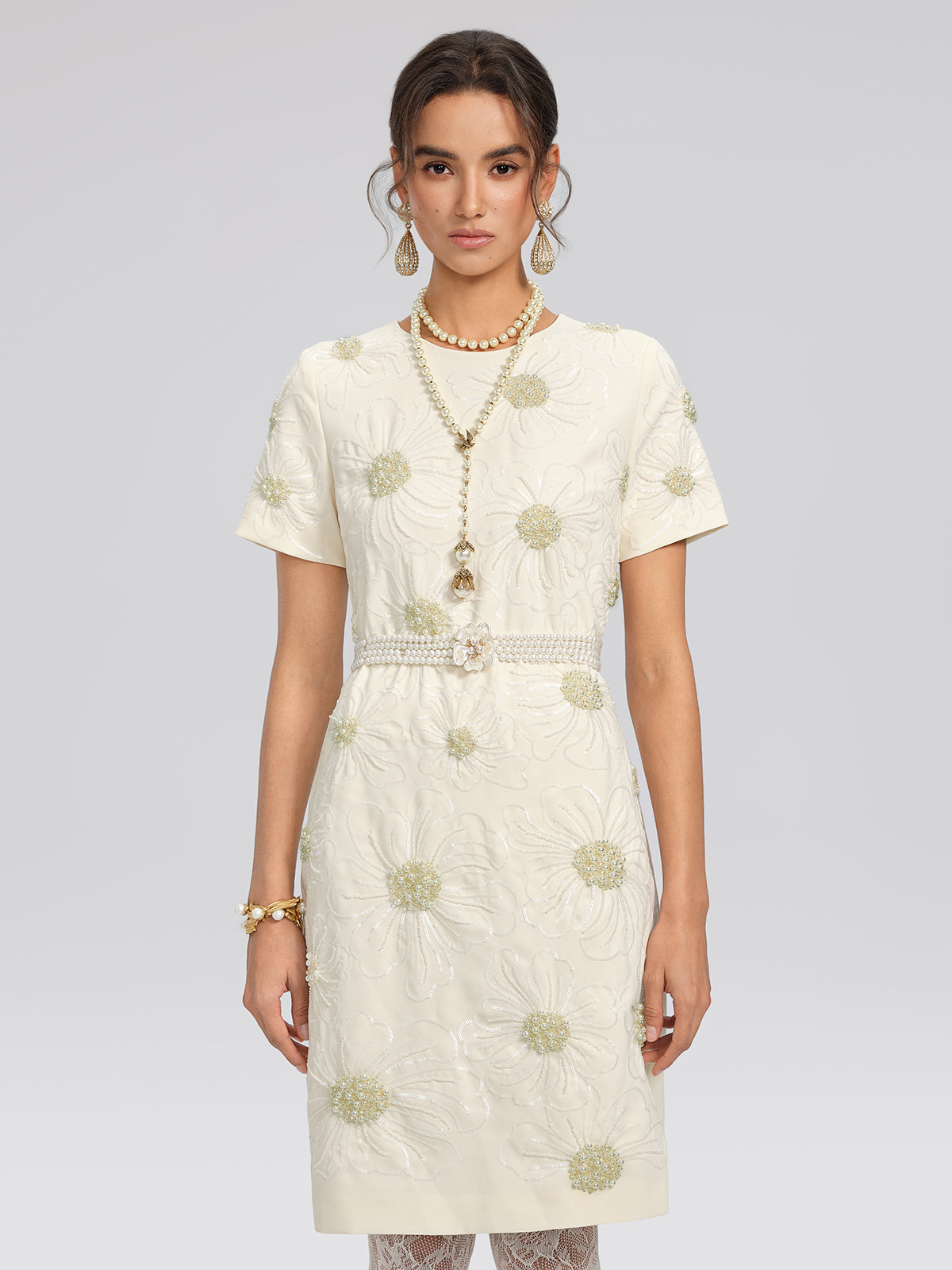 Floral Embroidery Hand-Beaded Dress (Belt Not Included)