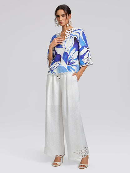 100% Linen Hand-Drawn Resort Print Embroidered Top