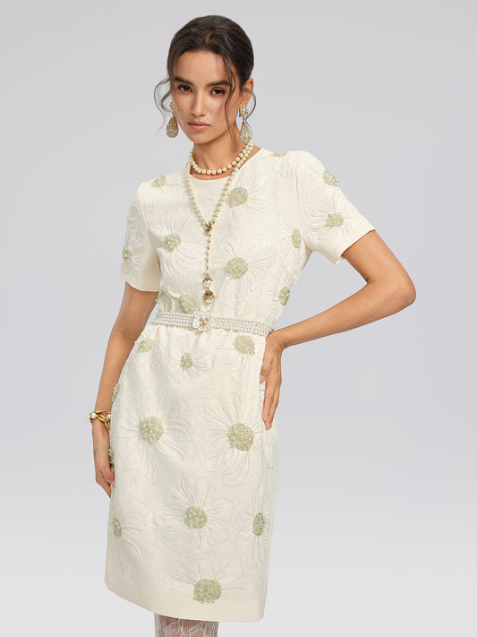 Floral Embroidery Hand-Beaded Dress (Belt Not Included)