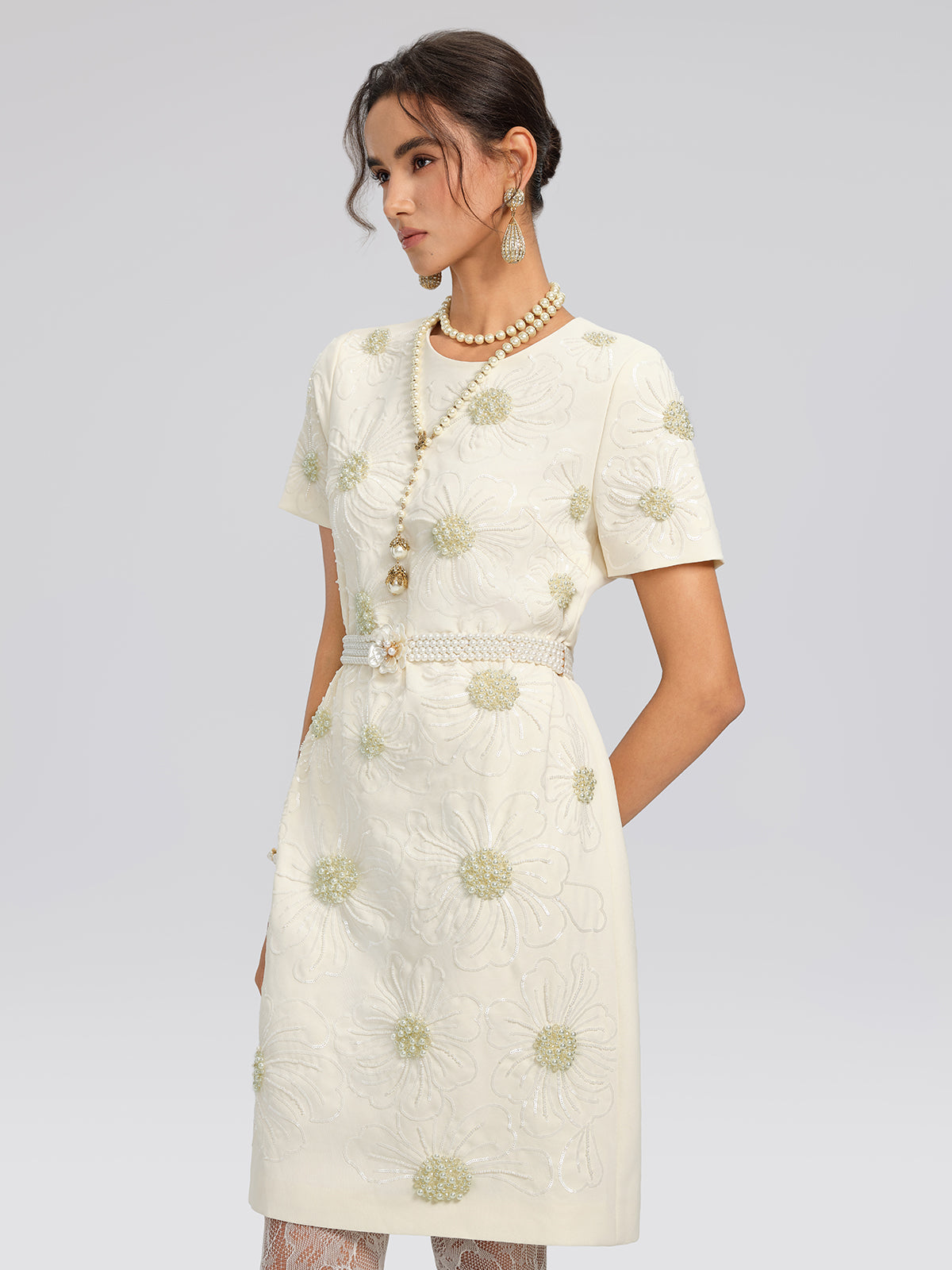 Floral Embroidery Hand-Beaded Dress (Belt Not Included)