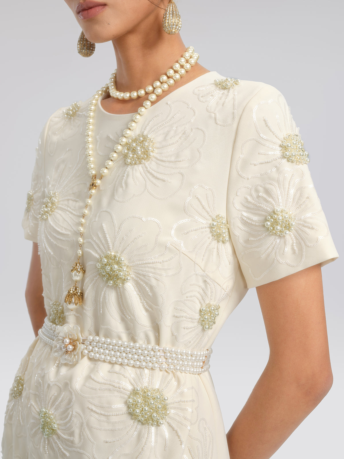 Floral Embroidery Hand-Beaded Dress (Belt Not Included)