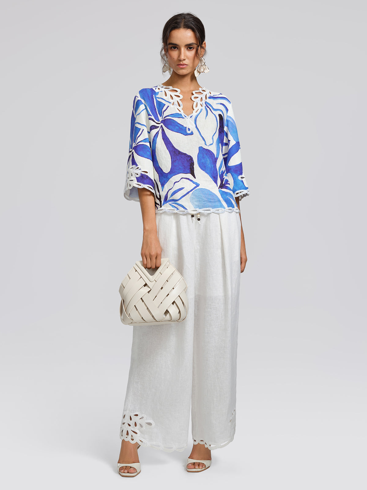 100% Linen Hand-Drawn Resort Print Embroidered Top