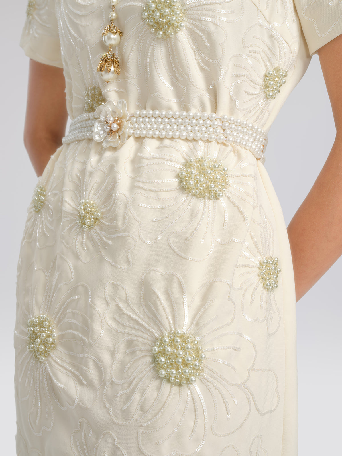 Floral Embroidery Hand-Beaded Dress (Belt Not Included)