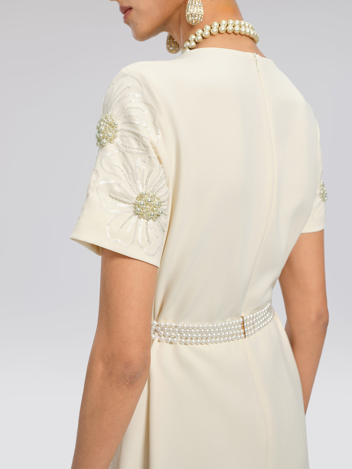 Floral Embroidery Hand-Beaded Dress (Belt Not Included)