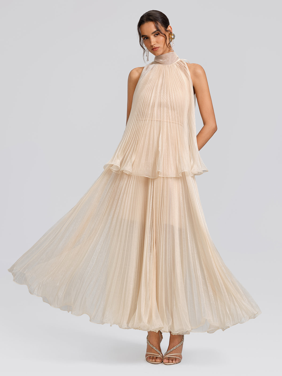 Hand-Braided Off-Shoulder Cutout Pleated Dress (Detachable Floral Included)