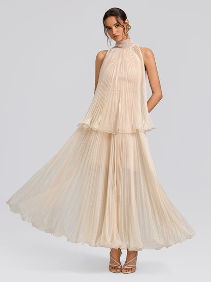 Hand-Braided Off-Shoulder Cutout Pleated Dress (Detachable Floral Included)
