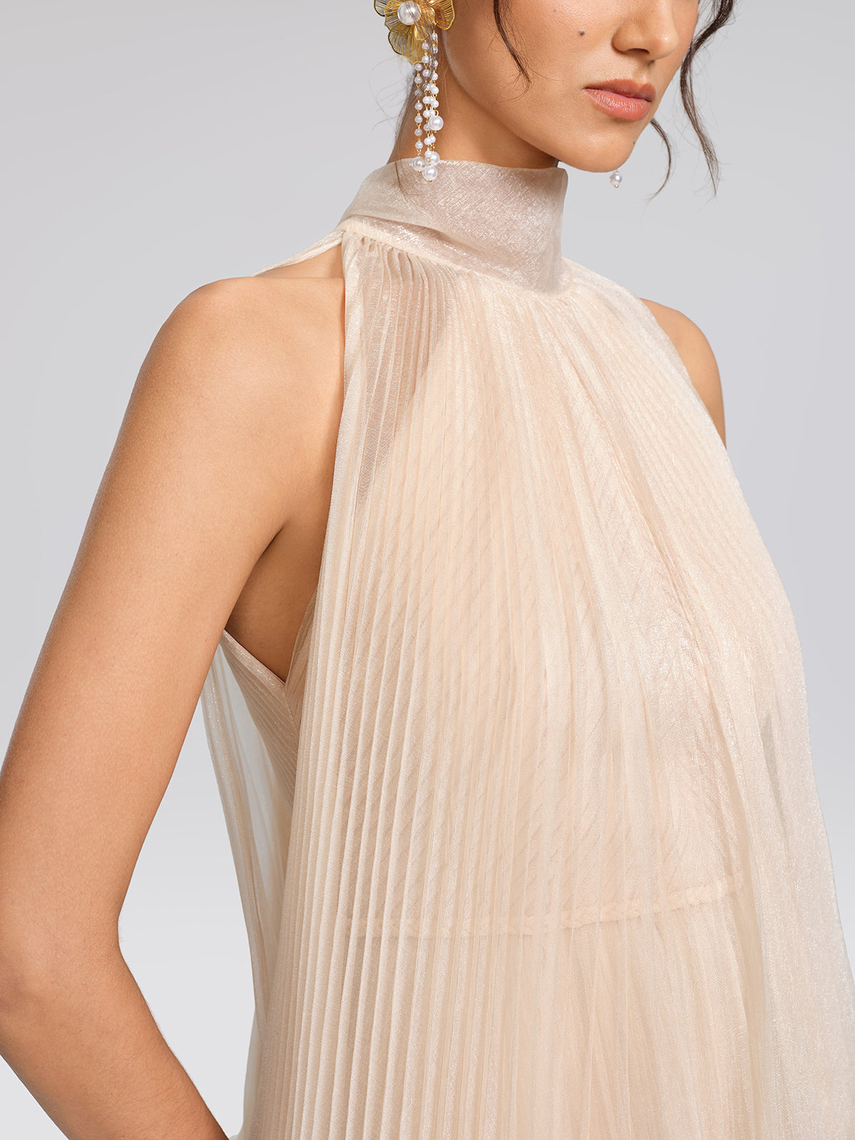 Hand-Braided Off-Shoulder Cutout Pleated Dress (Detachable Floral Included)