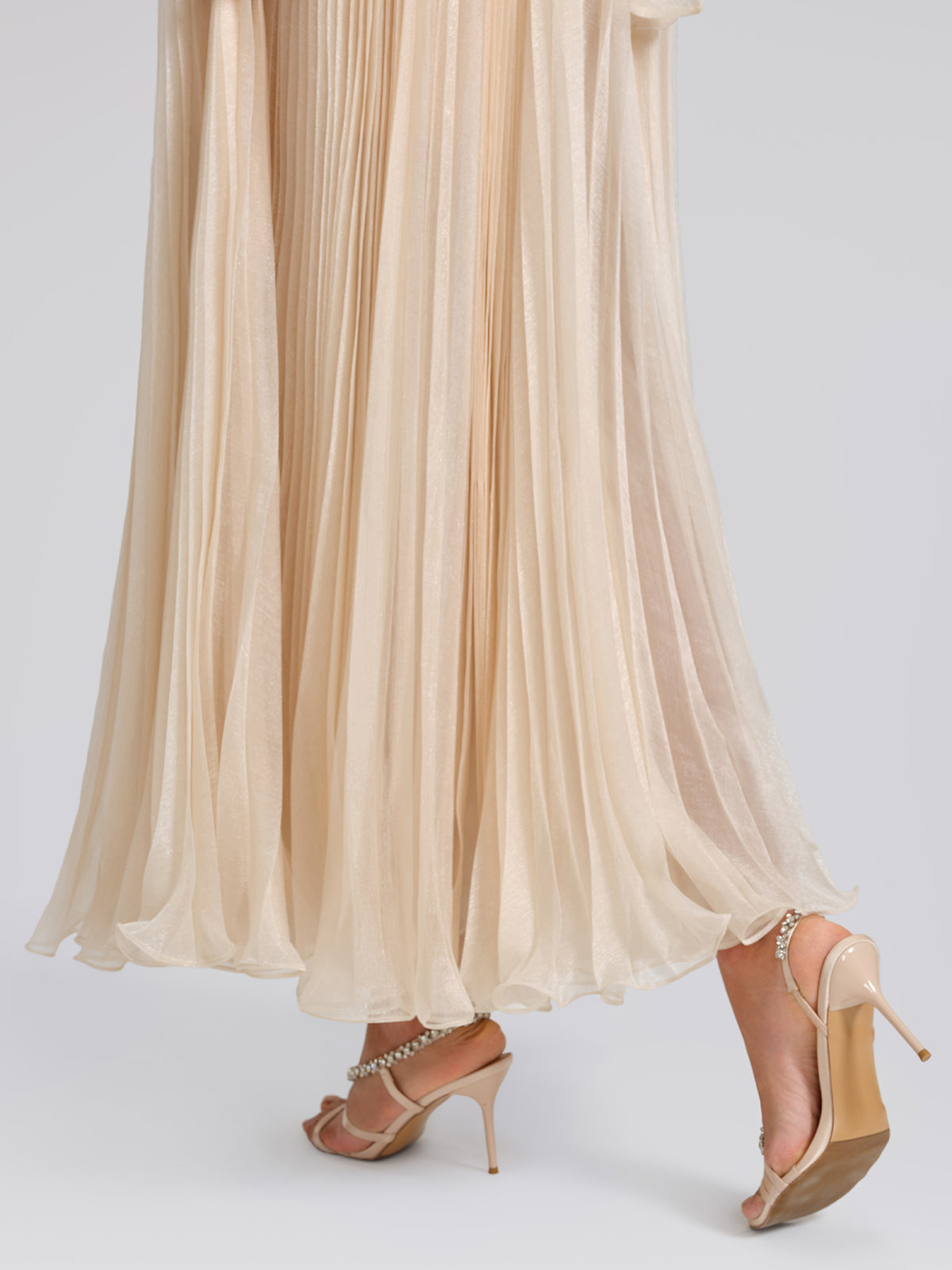 Hand-Braided Off-Shoulder Cutout Pleated Dress (Detachable Floral Included)