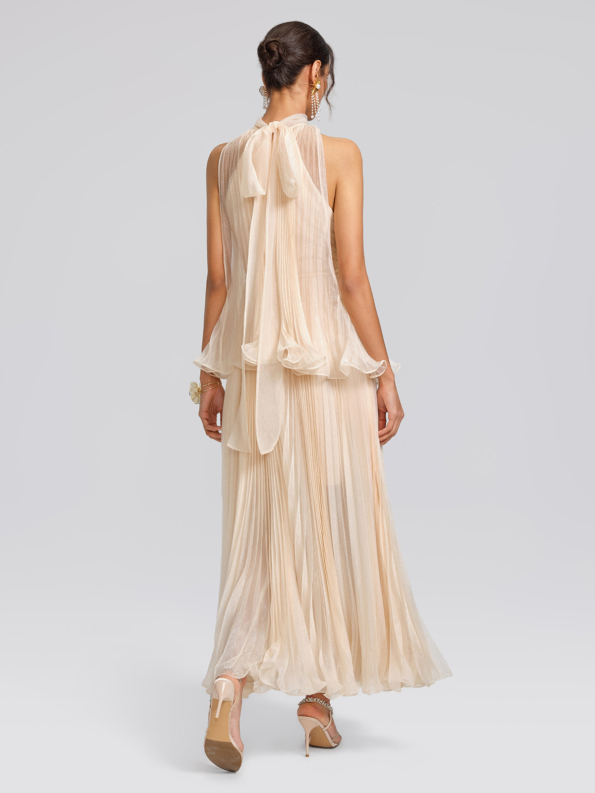 Hand-Braided Off-Shoulder Cutout Pleated Dress (Detachable Floral Included)