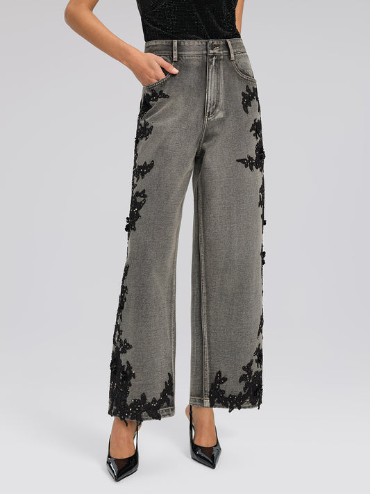 Lace Rhinestone Floral Washed Pants