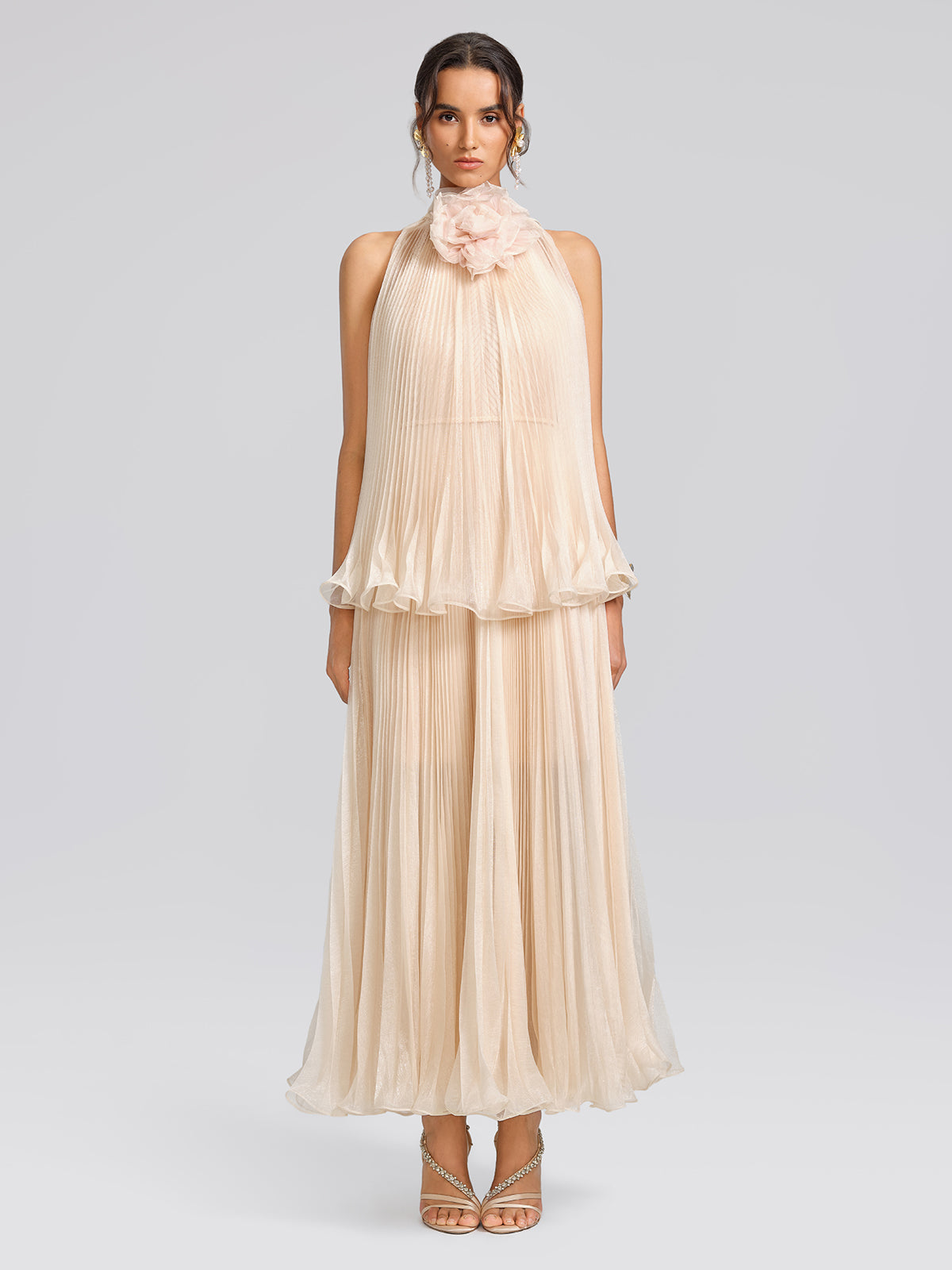 Hand-Braided Off-Shoulder Cutout Pleated Dress (Detachable Floral Included)