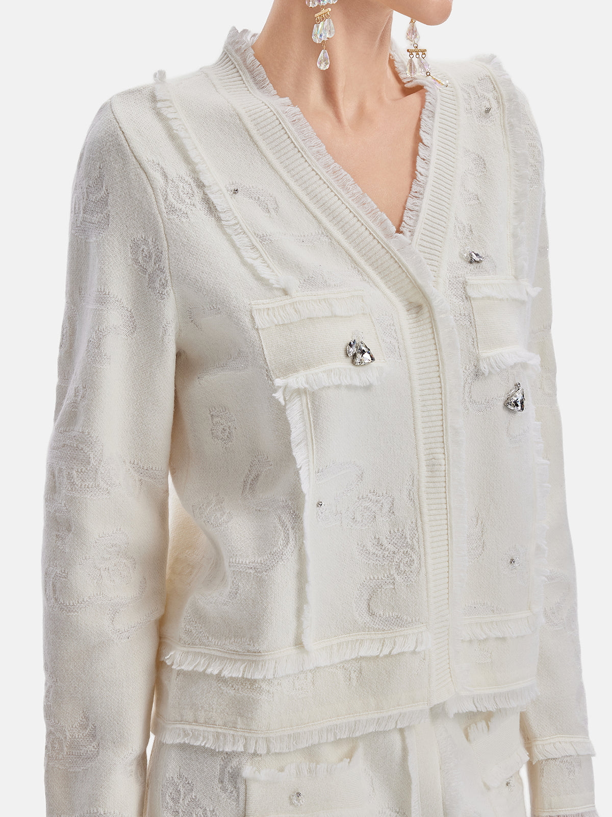 Fringe Trimmed Jacquard Knit Cardigan