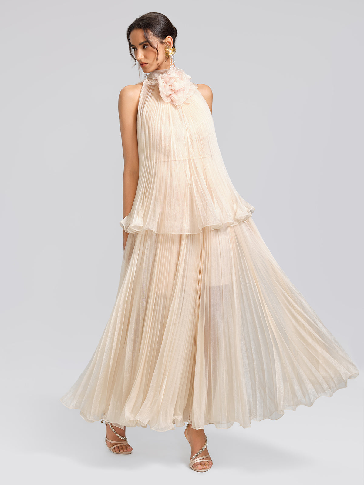 Hand-Braided Off-Shoulder Cutout Pleated Dress (Detachable Floral Included)