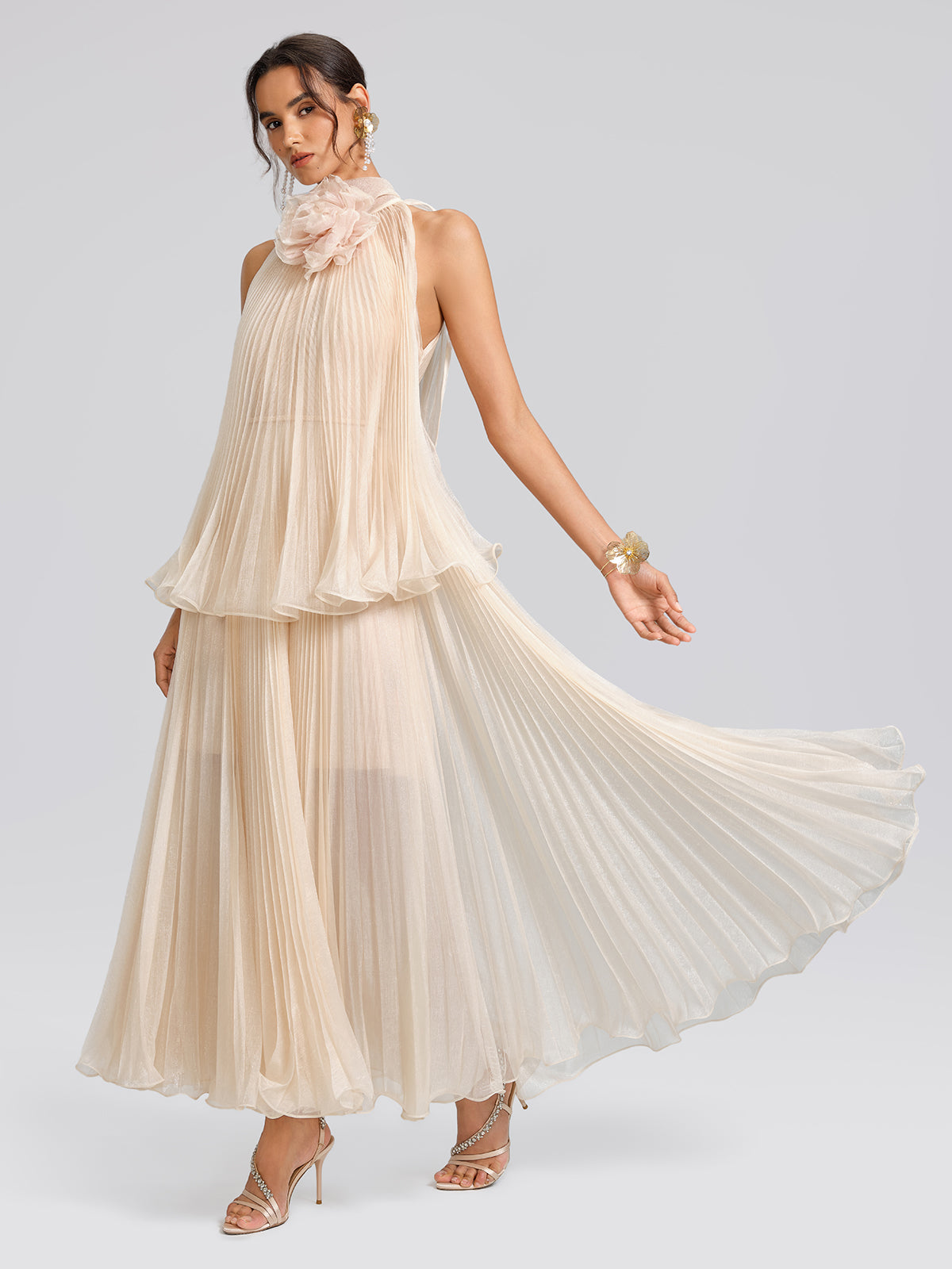 Hand-Braided Off-Shoulder Cutout Pleated Dress (Detachable Floral Included)