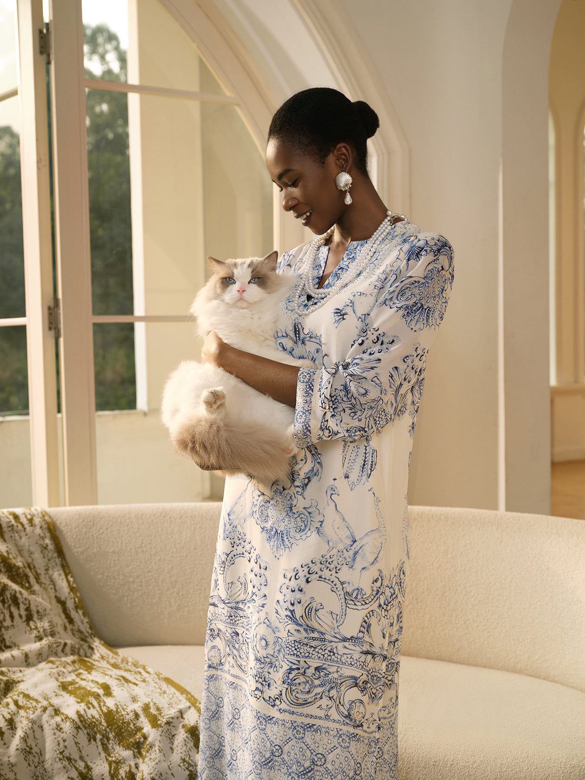 Silk Italian Floral Printed V-Neckline Dress