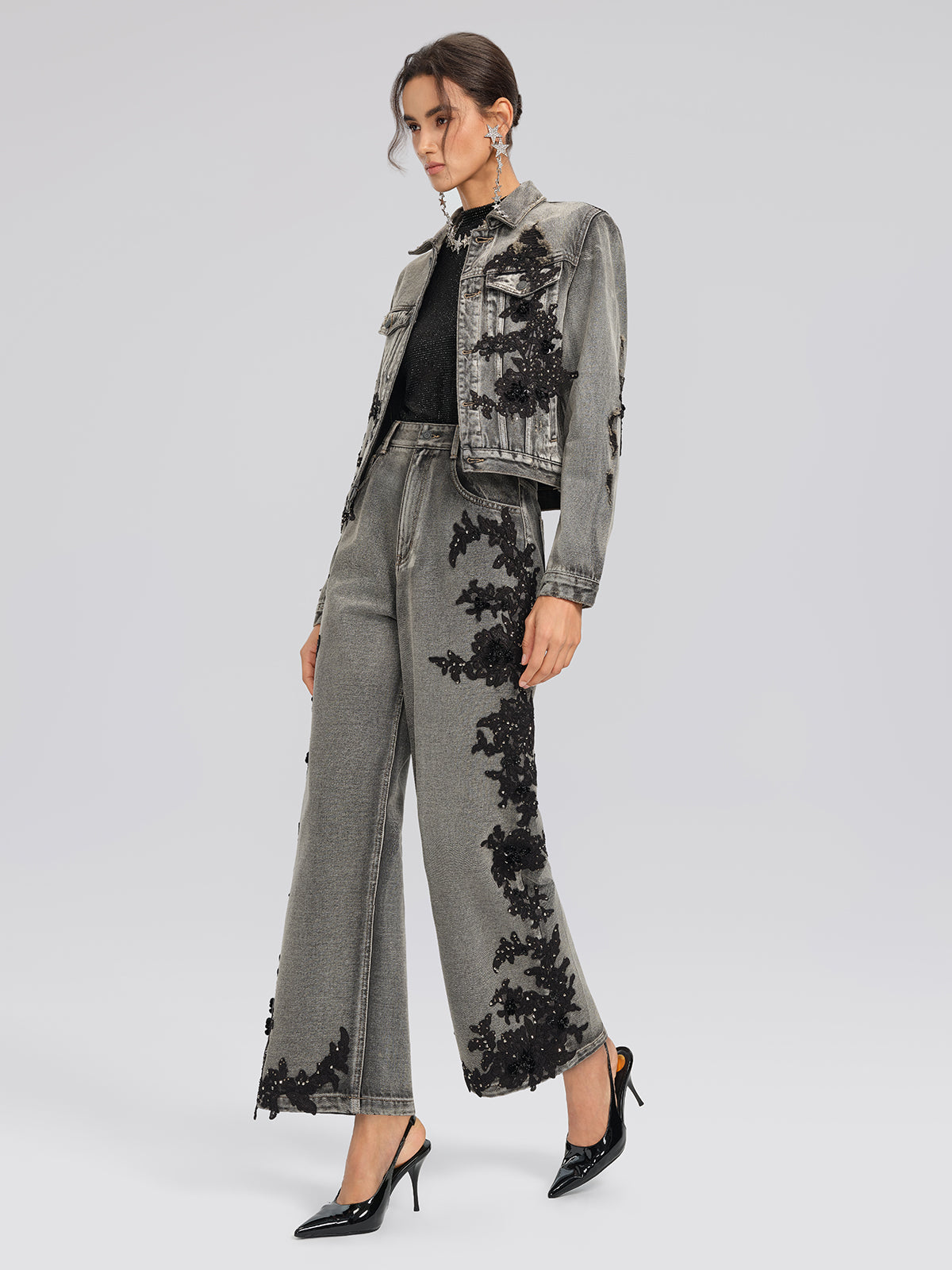Lace Rhinestone Floral Washed Pants