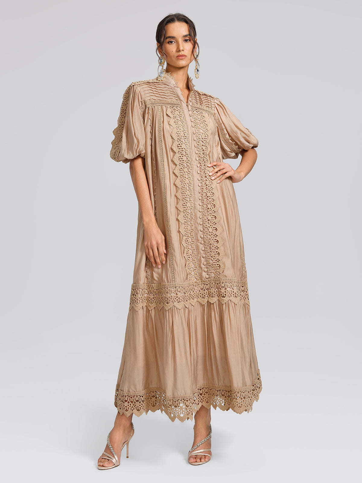 Embroidered Lace Panel Mock Neck Maxi Dress (Waist Tie Included)