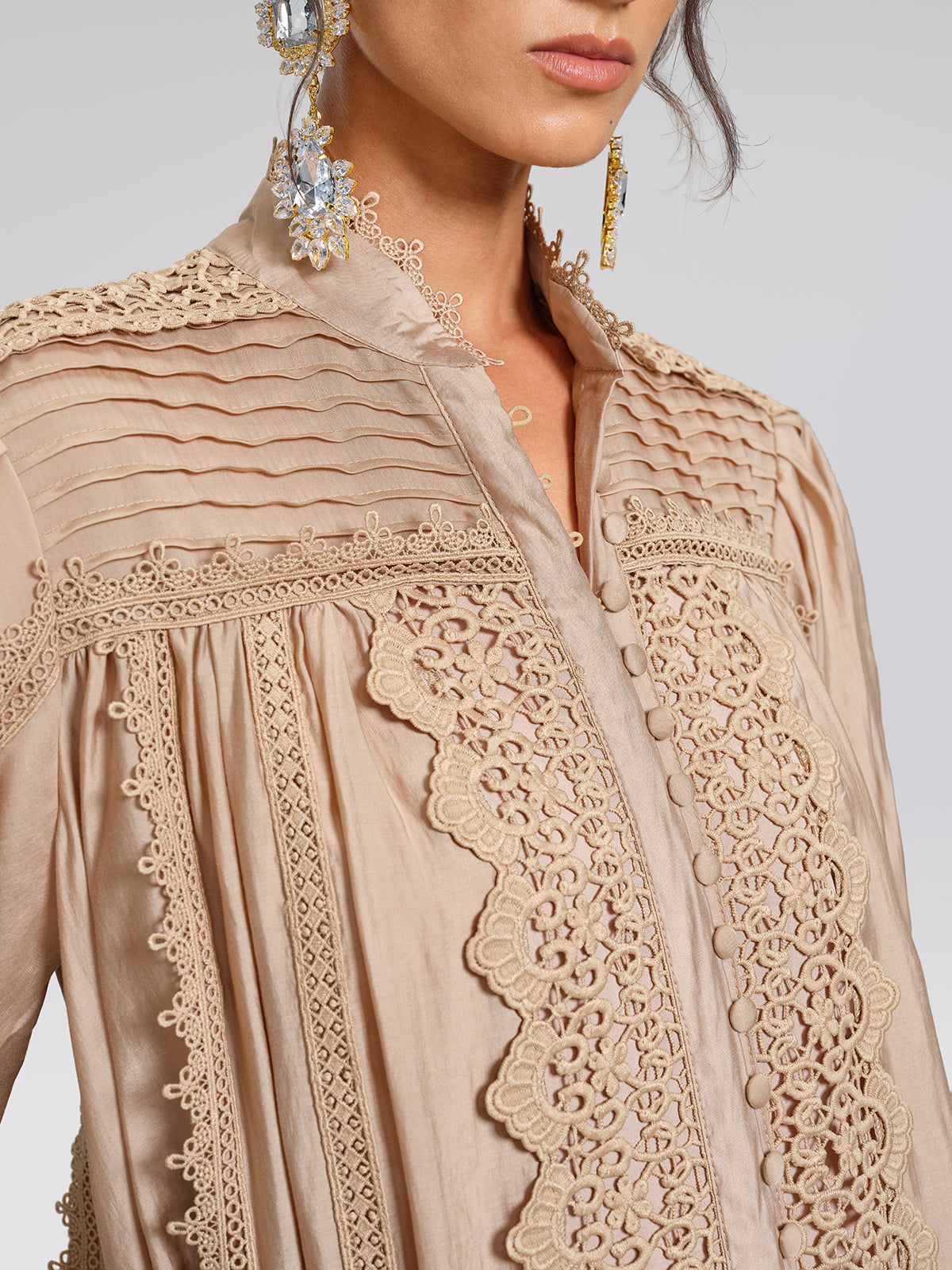Embroidered Lace Panel Mock Neck Maxi Dress (Waist Tie Included)