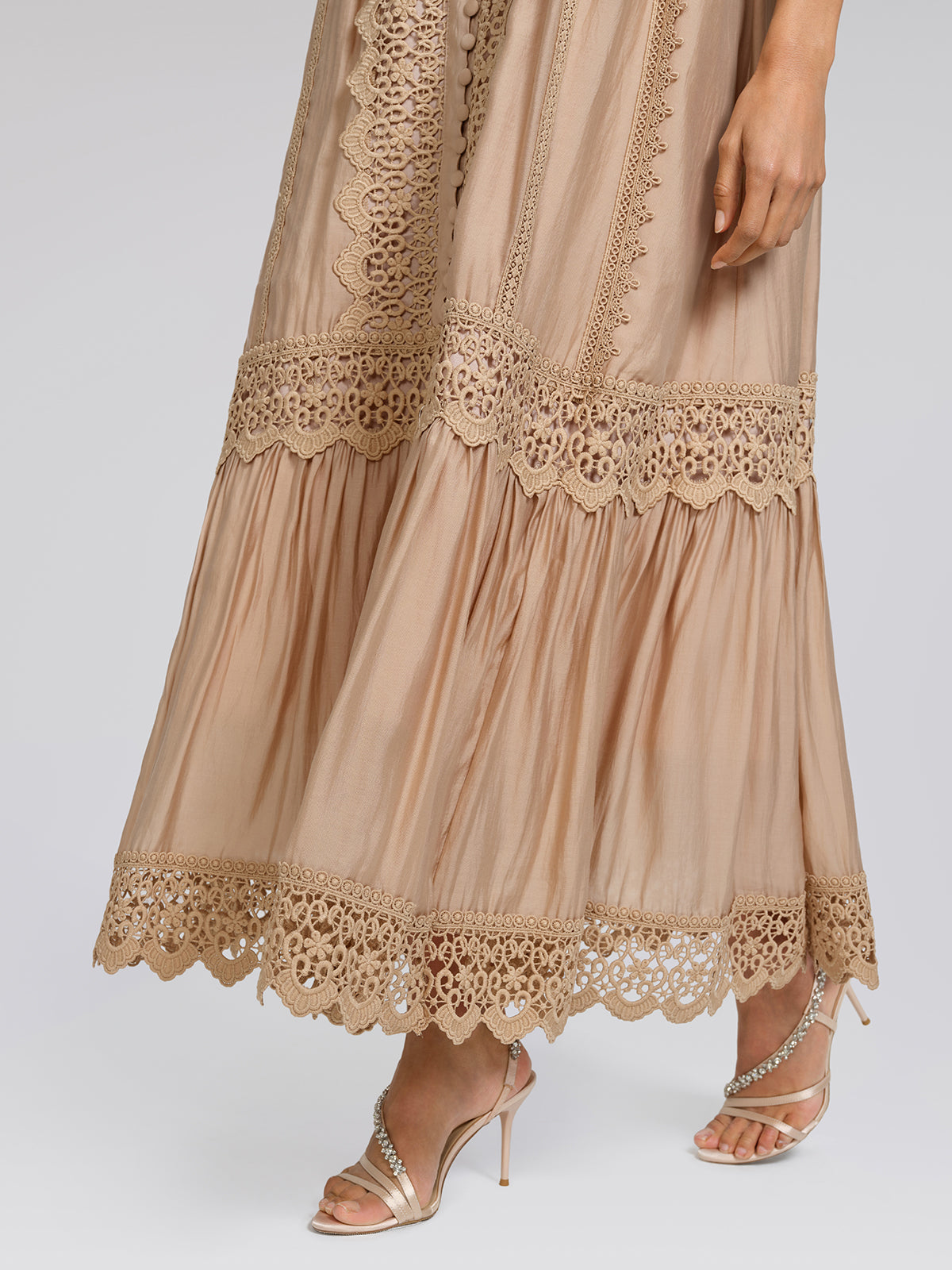 Embroidered Lace Panel Mock Neck Maxi Dress (Waist Tie Included)