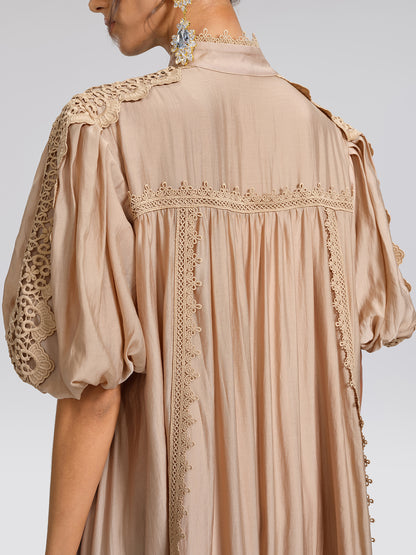 Embroidered Lace Panel Mock Neck Maxi Dress (Waist Tie Included)