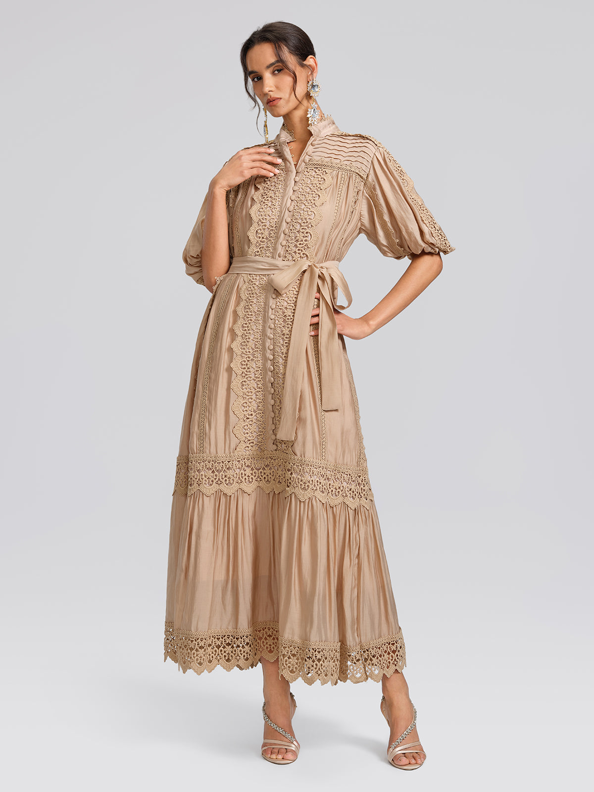 Embroidered Lace Panel Mock Neck Maxi Dress (Waist Tie Included)
