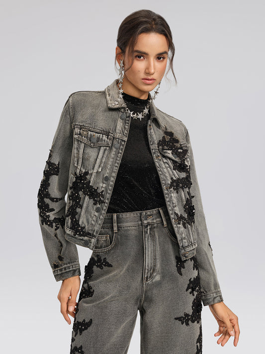 Lace Rhinestone Floral Washed Jacket