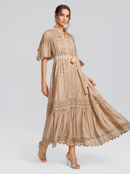 Embroidered Lace Panel Mock Neck Maxi Dress (Waist Tie Included)