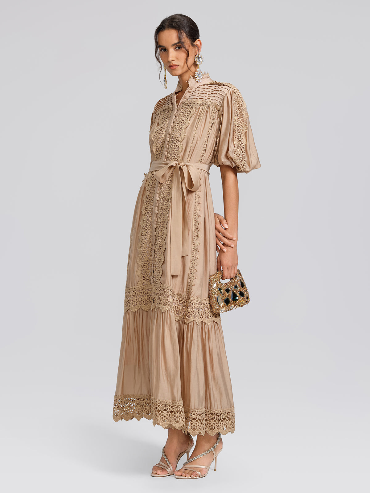 Embroidered Lace Panel Mock Neck Maxi Dress (Waist Tie Included)