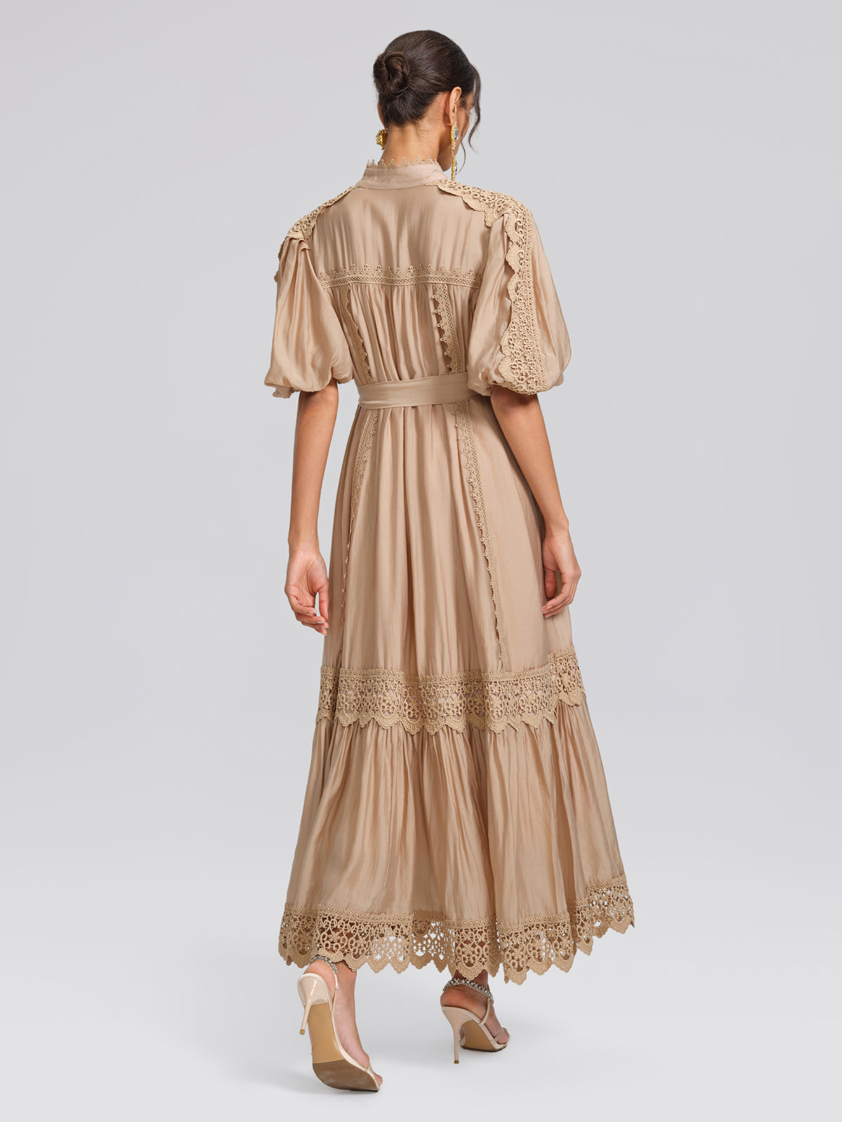 Embroidered Lace Panel Mock Neck Maxi Dress (Waist Tie Included)