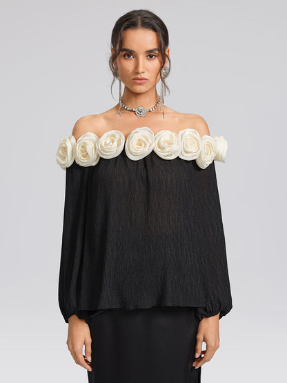 Pleated Off-Shoulder Floral Blouse