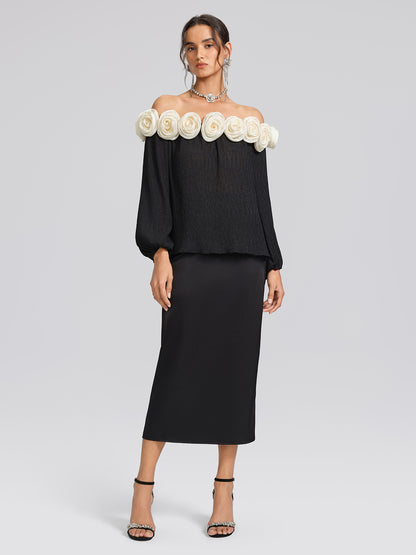 Pleated Off-Shoulder Floral Blouse
