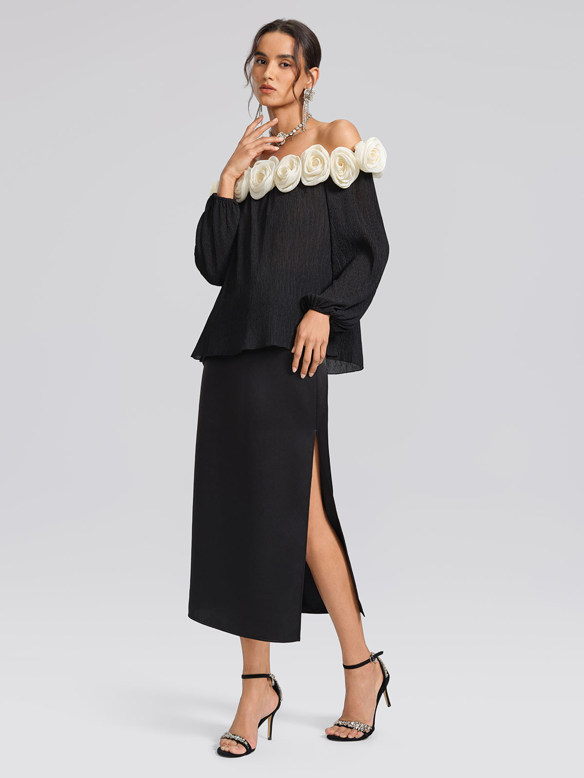 Pleated Off-Shoulder Floral Blouse