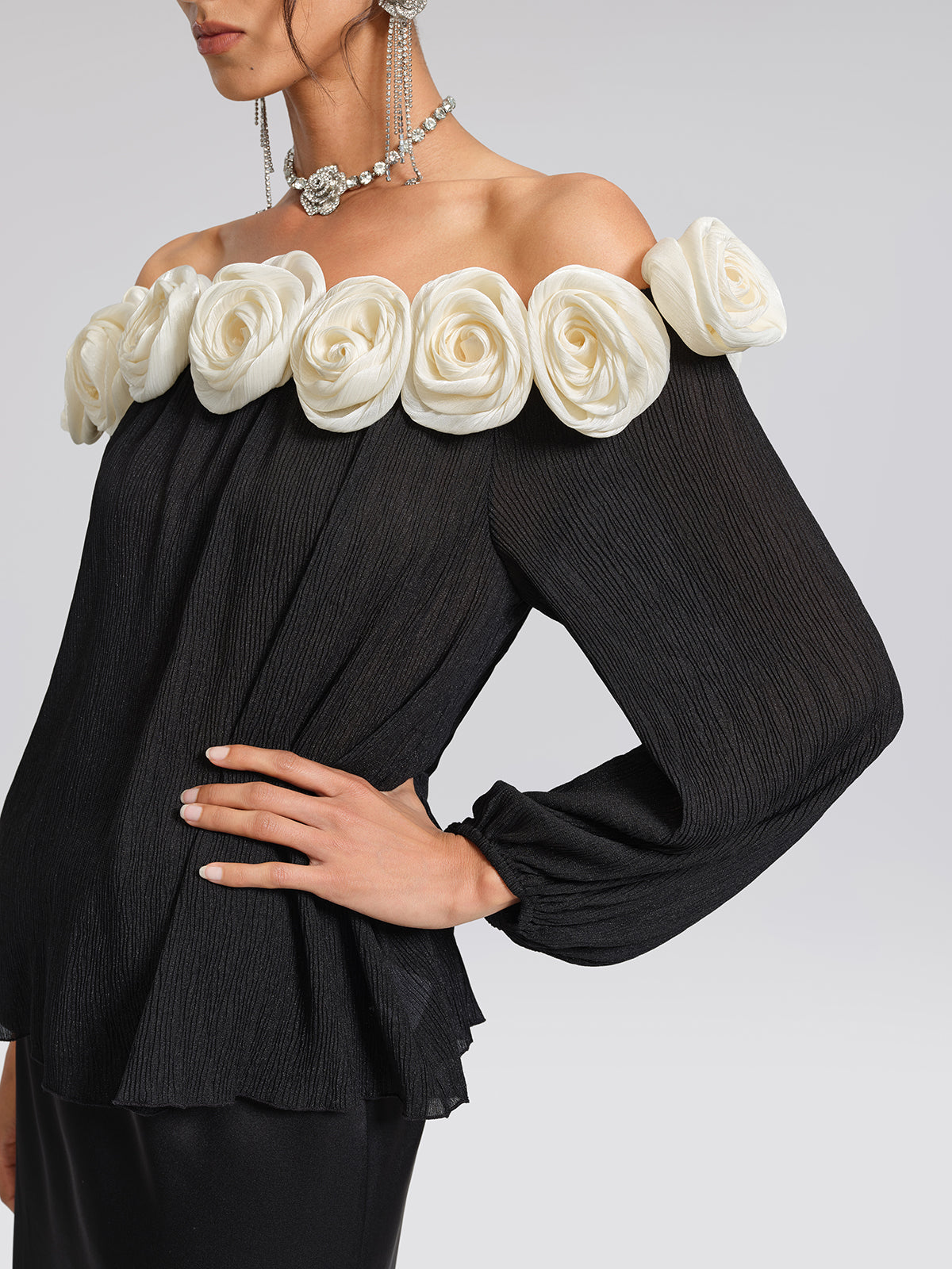 Pleated Off-Shoulder Floral Blouse