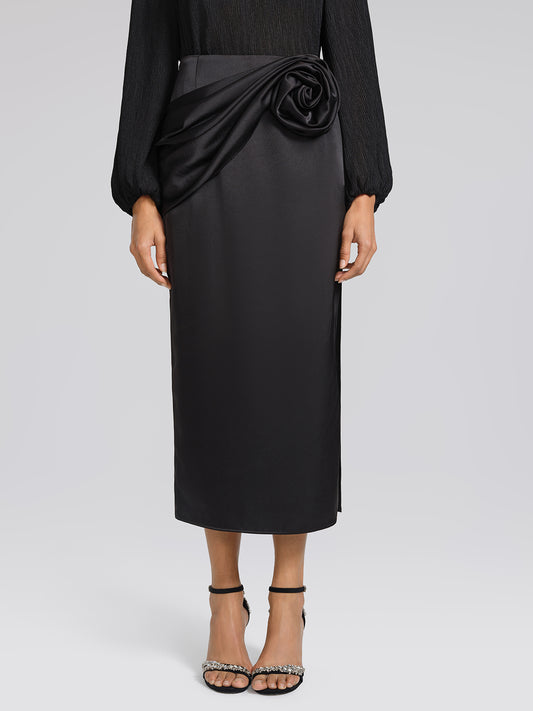 Black Satin 3D Floral Skirt