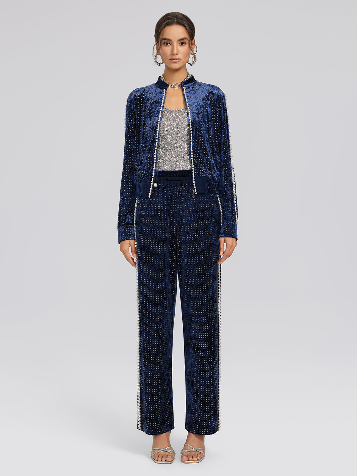 Hand-Beaded Pearl Rhinestone Velvet Pants