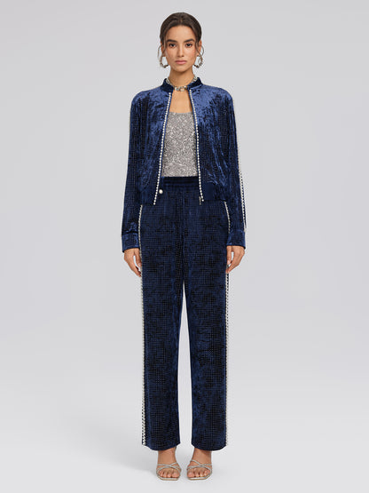 Hand-Beaded Pearl Rhinestone Velvet Jacket