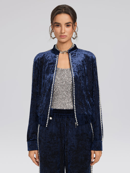 Hand-Beaded Pearl Rhinestone Velvet Jacket